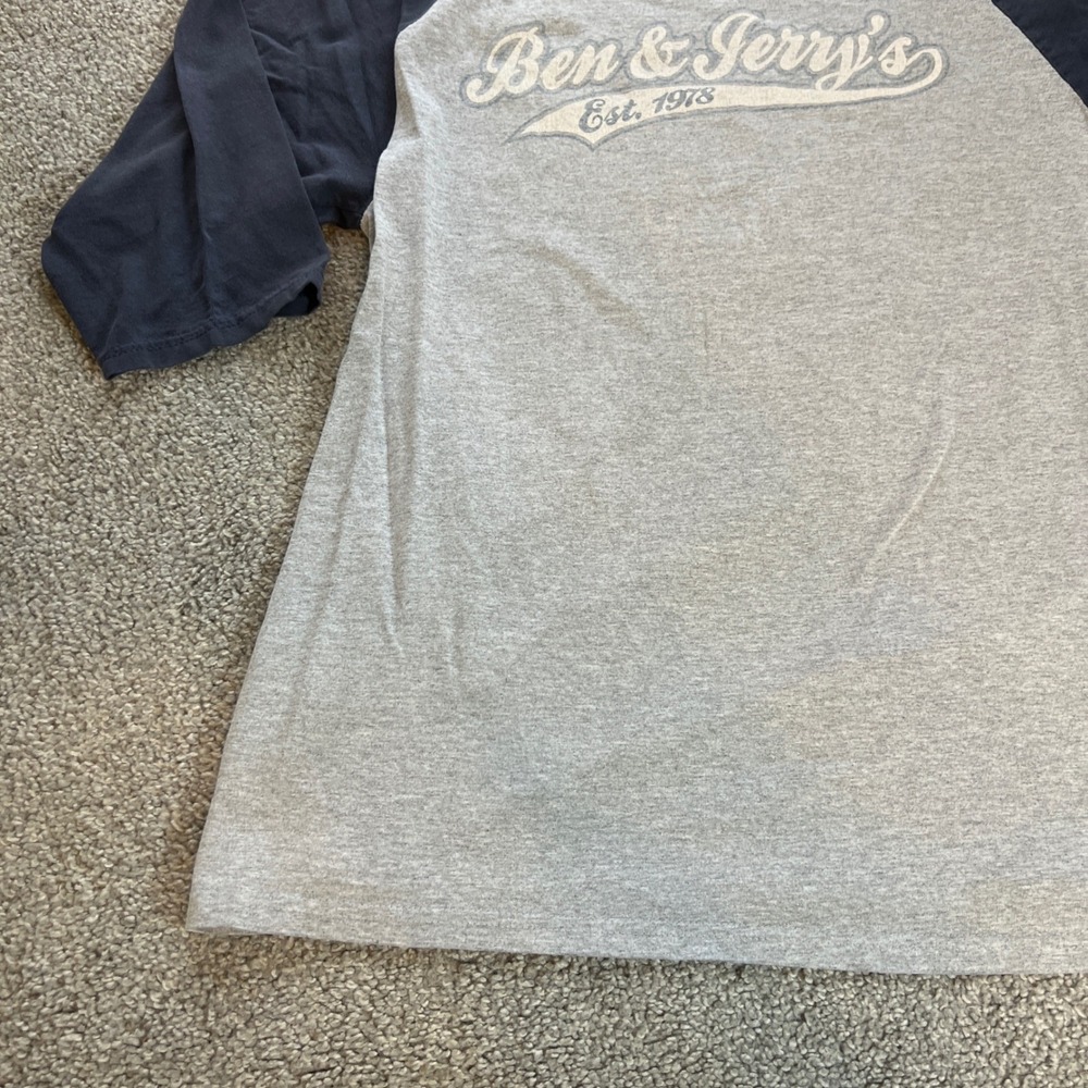 vtg Ben & Jerrys Baseball Raglan Shirt Mens Large Gray Navy 3/4 Sleeve logo - Picture 2 of 10